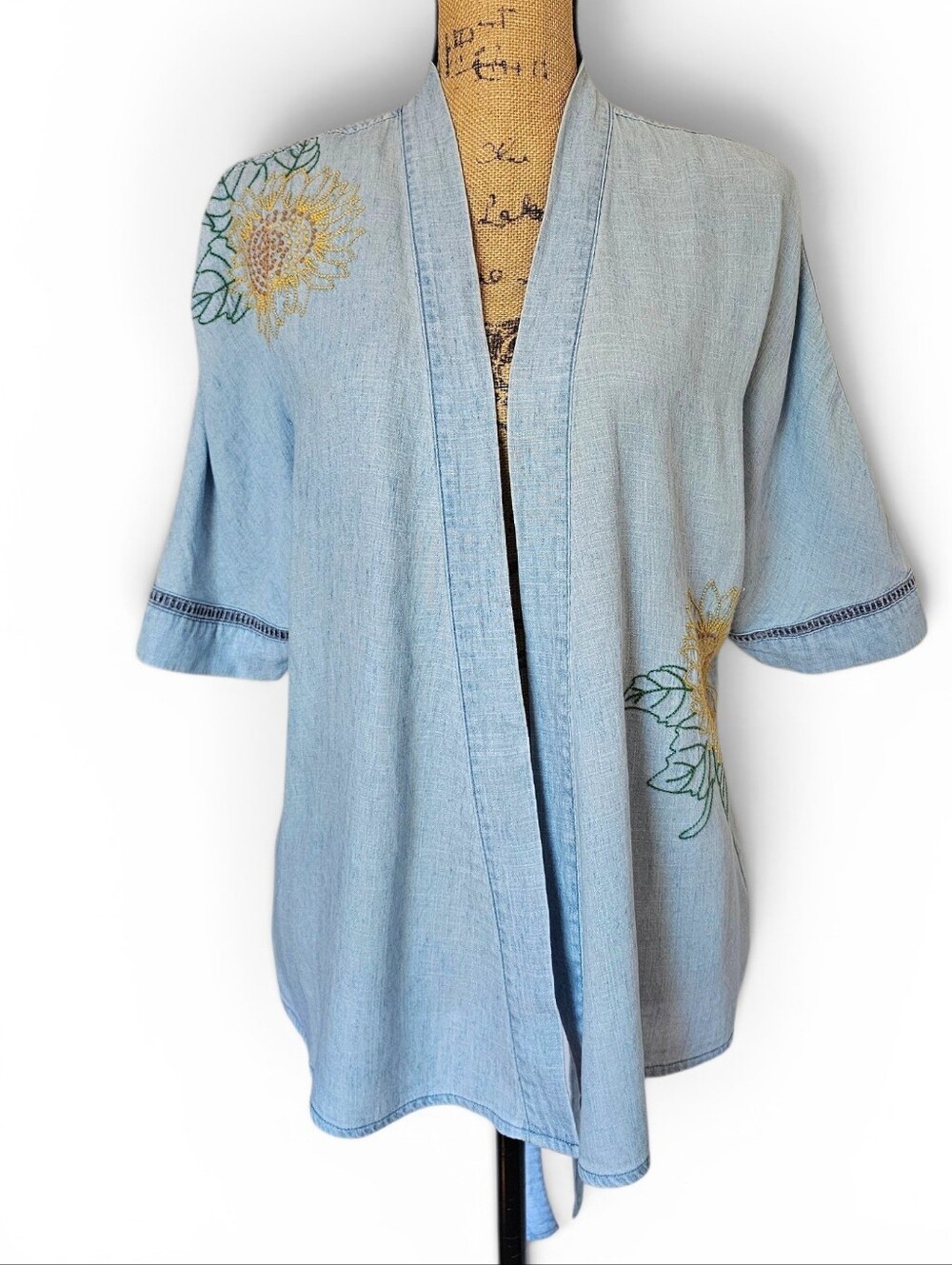 Billy T Sunflower Embroidered Chambray  Open-Front Boho Kimono Jacket, Size XS